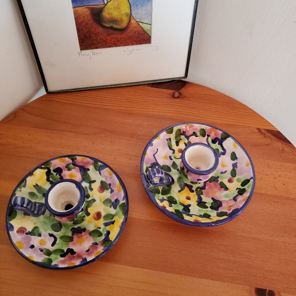Hand painted floral candlestick holders made in Portugal